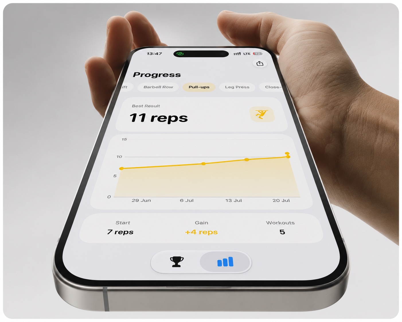 Record+ progress screen with a personal best chart on iPhone