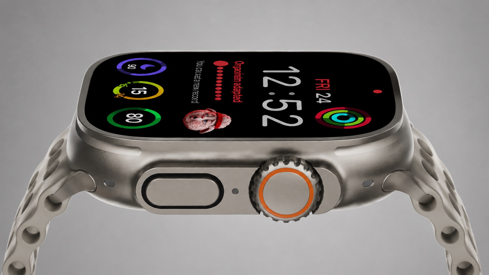 Close-up of Apple Watch displaying Record+ fitness metrics