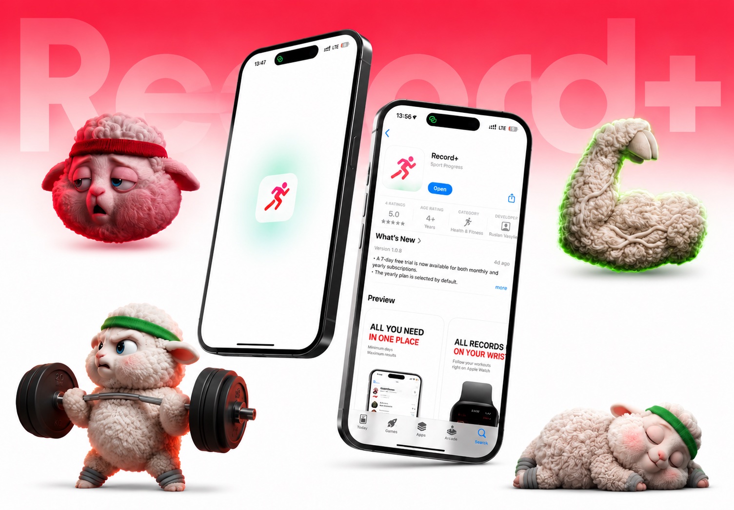 Record+ shown in the App Store alongside playful fitness characters